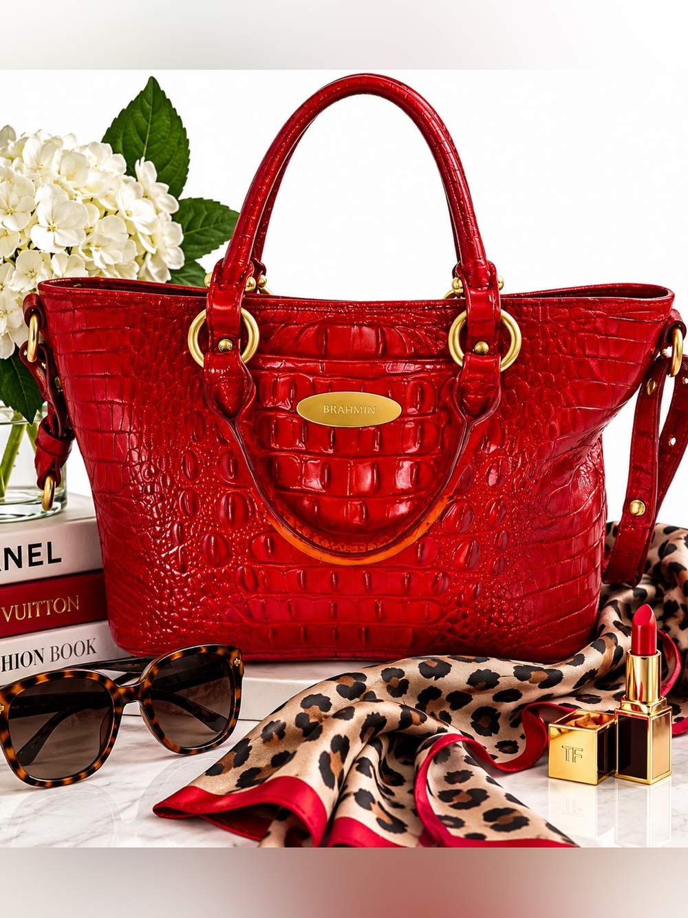 Brahmin Red Croc-Embossed Leather Tote